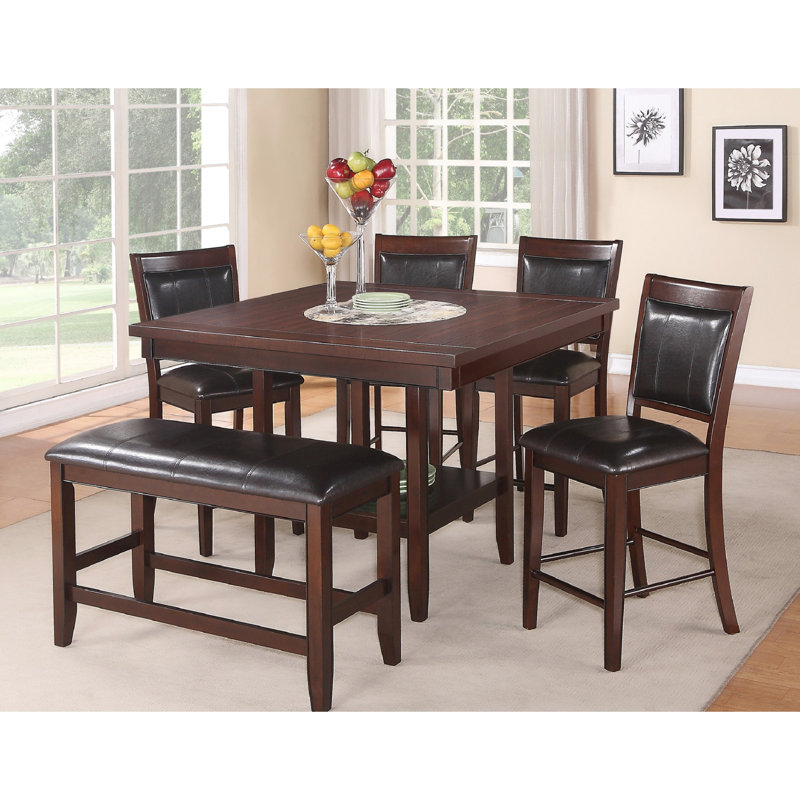 Brown Counter Height Bench With Soft Faux Leather Upholstery And Footrest In Transitional Style Seat Solid Wood Base