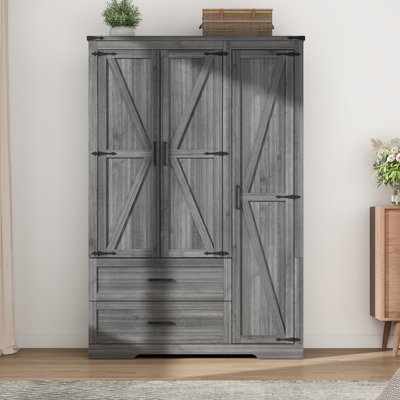 Farmhouse 3 Door Armoire Wardrobe With 2 Drawers And Hanging Rod