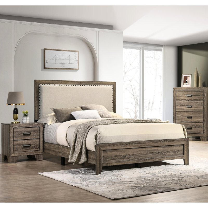 Très grand lit chic avec tête de lit tapissier grise et écrou en bois résistant en bois massif, Très grand lit, Gris
