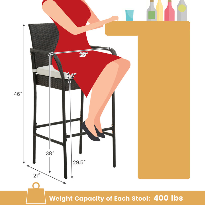 Bahoque Polyethylene (PE) Wicker Outdoor 29.5'' Bar Stool with Cushion