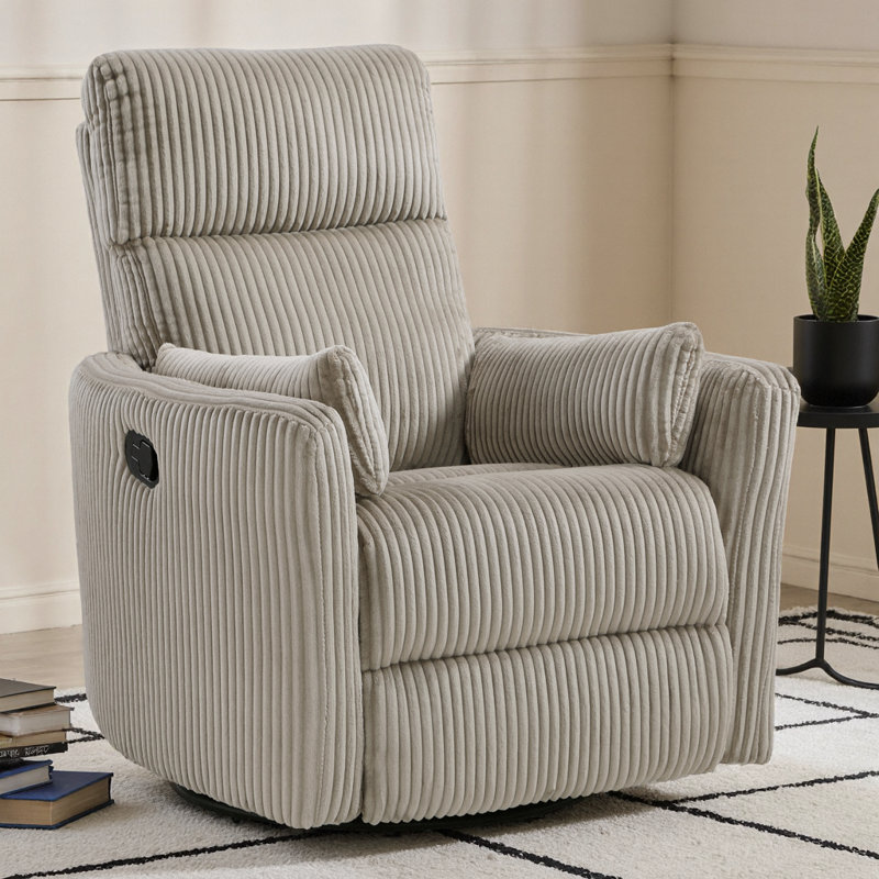 Taupe Corduroy Fabric Swivel Glider Recliner Accent Chair for Living Room - Modern Motion Furniture with Lumbar Pillows