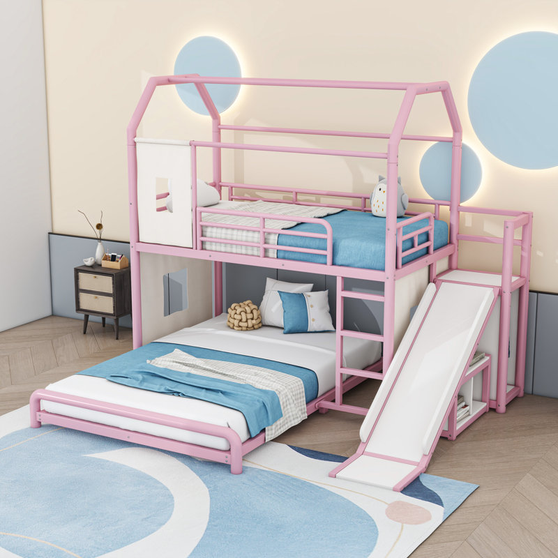 Lit superposé en métal avec glissade, bande lumineuse à DEL, tablettes et garde-robe ouverte, Jumeaux sur complet, Rose