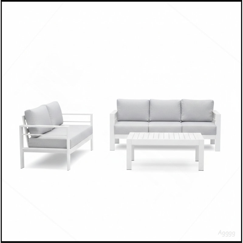 Ensemble de conversation de patio 3 pièces en aluminium 3 pièces, canapé d'extérieur 5 places avec coussins gris clair épais et structure blanche et table basse