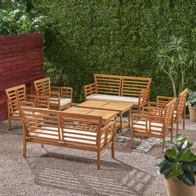Lionel Outdoor Modern Acacia Wood 8 Seater Chat Set With Cushions by Bayou Breeze