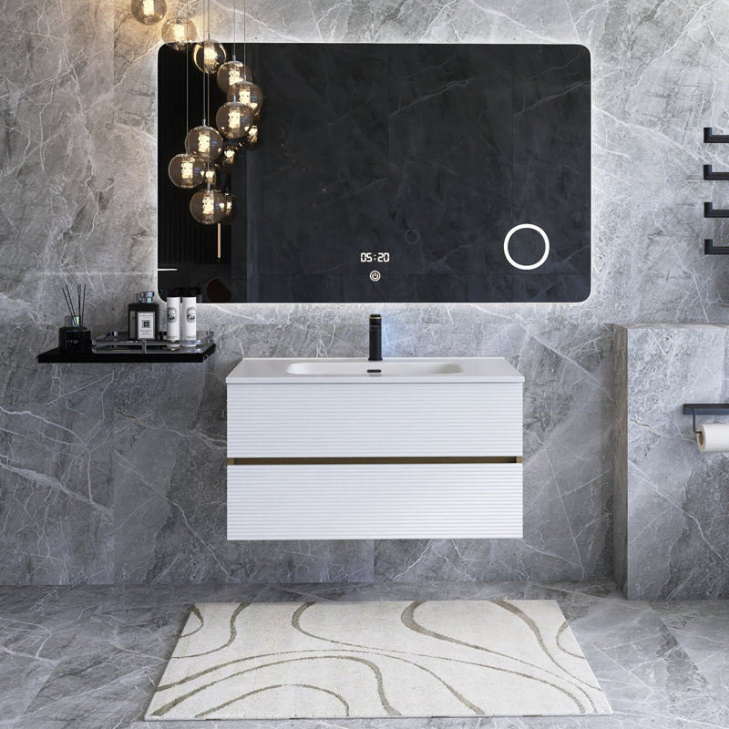 Grand meuble-lavabo mural moderne pré-assemblé blanc mat et chêne naturel avec lavabo intégré en céramique