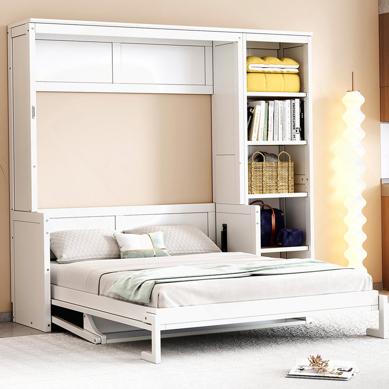 Structure de lit, lit escamotable avec bureau et bibliothèque, Double, Blanc