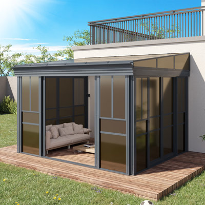 Wall Mounted Sunroom With Aluminum Frame, All-season Patio Gazebo Sunroom With Sliding Door & Watter Gutter, Outdoor Permanent Solarium For Garden, Patio.
