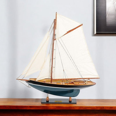 Maquette de bateau à voile peinte à la main de 31 po en bois massif noir, bleu et blanc