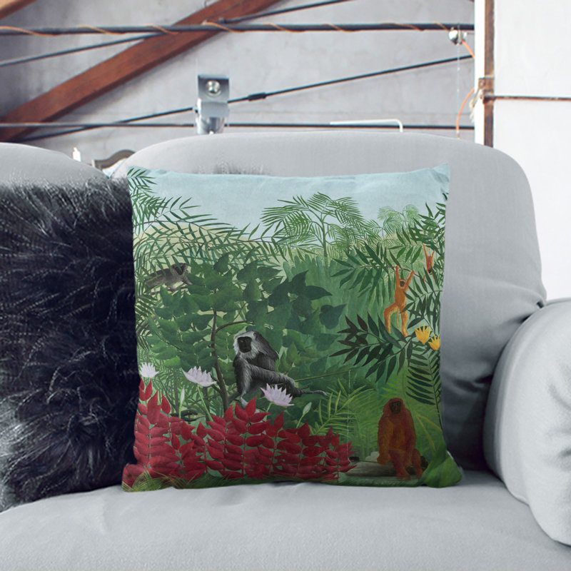 Tropical Forest With Monkeys Square Throw Cushion, Stone, 40cm H x 40cm W x 15cm D