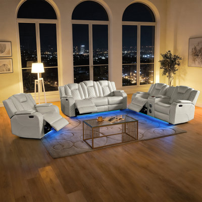 Breathing Leather Power Reclining Set With Led,Reading Light,Wireless Charging,Speaker(Sofa+Loveseat+Chair)