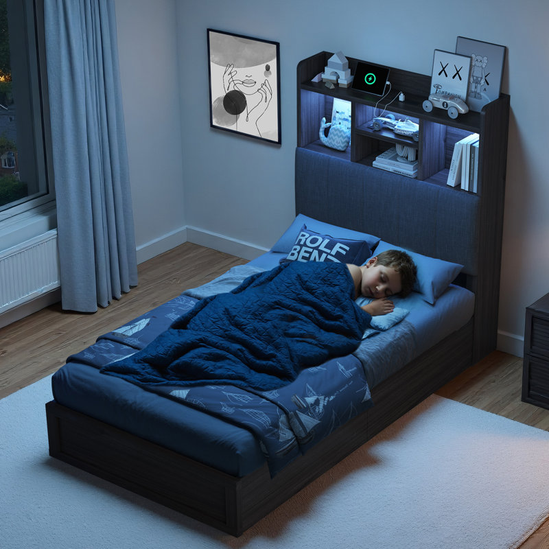 Farmhouse Twin Bed Frame With LED Storage Bookcase Headboard & Charging Station, Black, Black, Twin