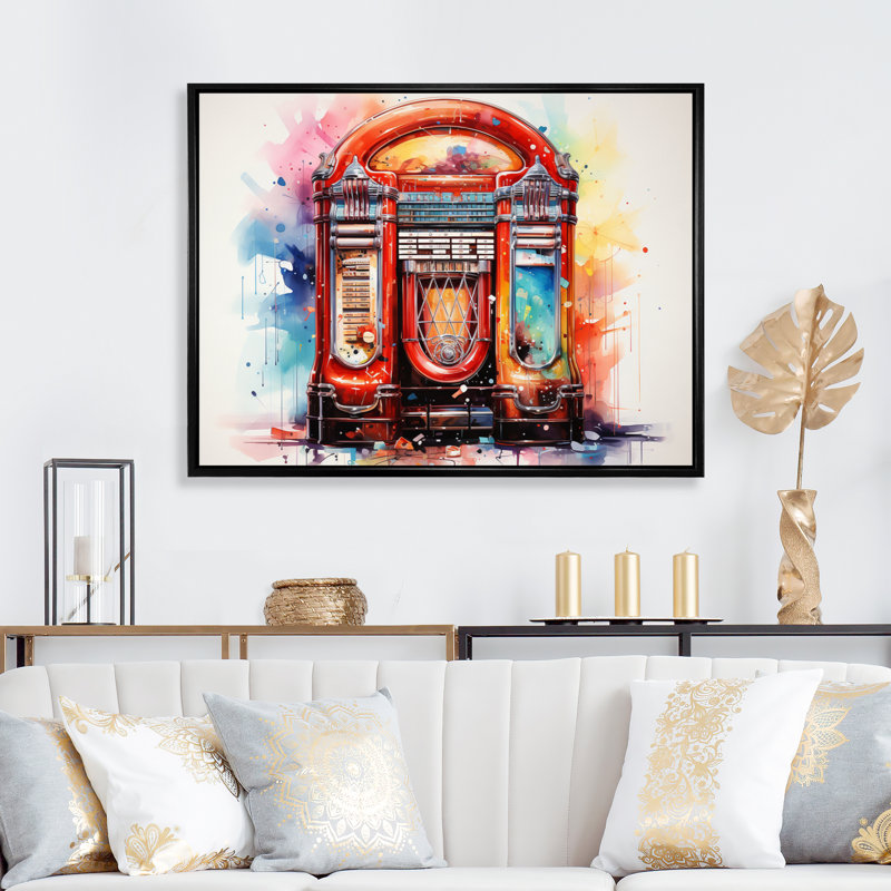 Jukeboxe Retro Resonance Pointillism I - Music Canvas Prints, Cadre flottant noir, H 16 po x l 32 po x P 1 po