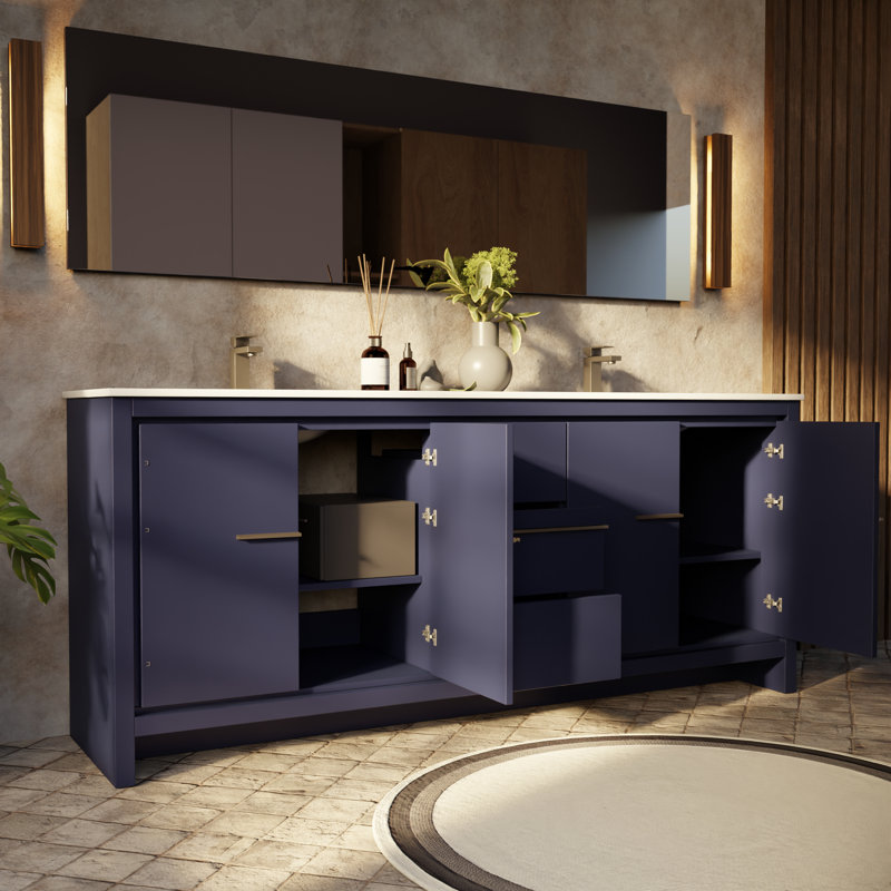 Meuble-lavabo double l 80 po x P 20 po Lafarre Lafarre , Marine, Quartz blanc
