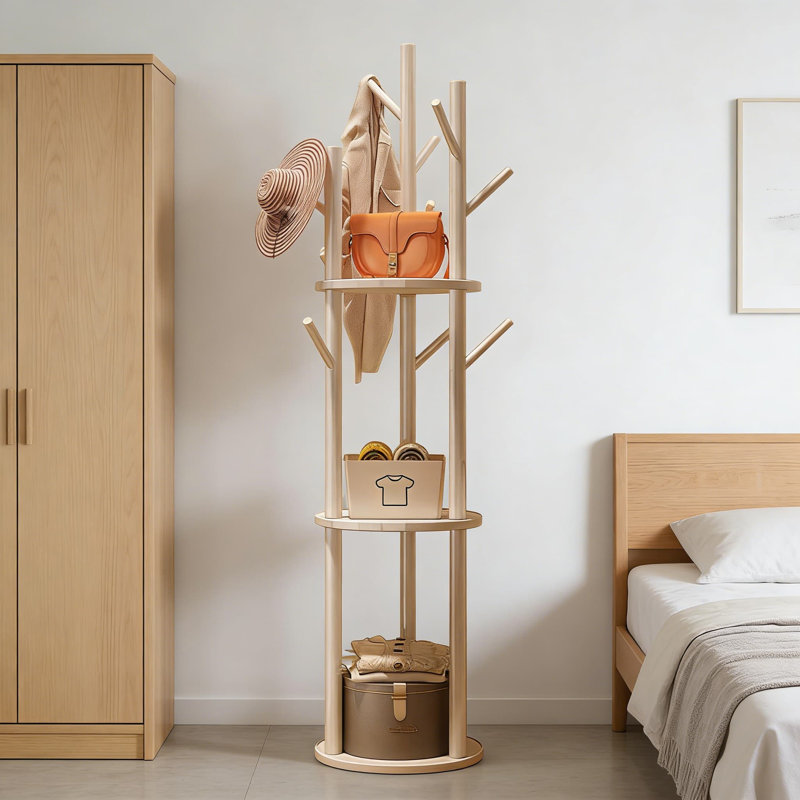 Freestanding Wood Coat Rack With 3 Shelves & 9 Hooks, Space-Saving Clothes Hanger Tree For Bedroom, Hallway, Entryway, And Office Organization