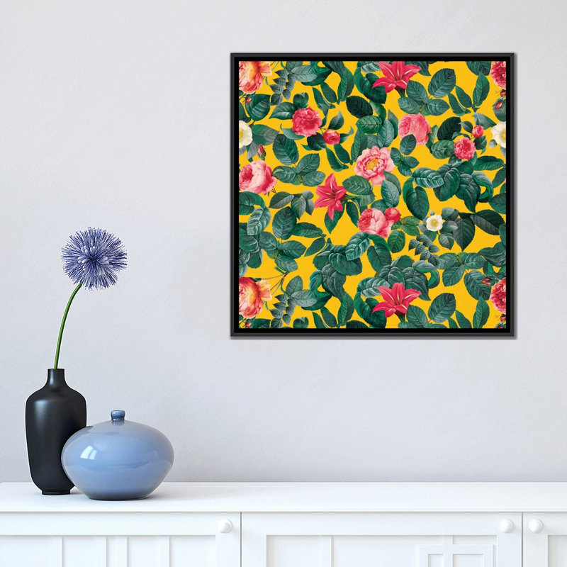 « summer botanique ii », impression sur toile tendue, H 18 po x l 18 po x P 1,5 po, Toile avec cadre noir, Pas de tapis