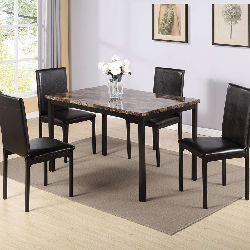 Ensemble de salle à manger 5 pièces en métal avec plateau en faux marbre