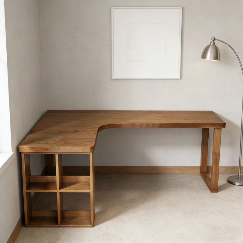 Solid Wood L-Shaped Corner Desk with Storage Shelves, 29.5" H x 55.1" W x 47.2" D