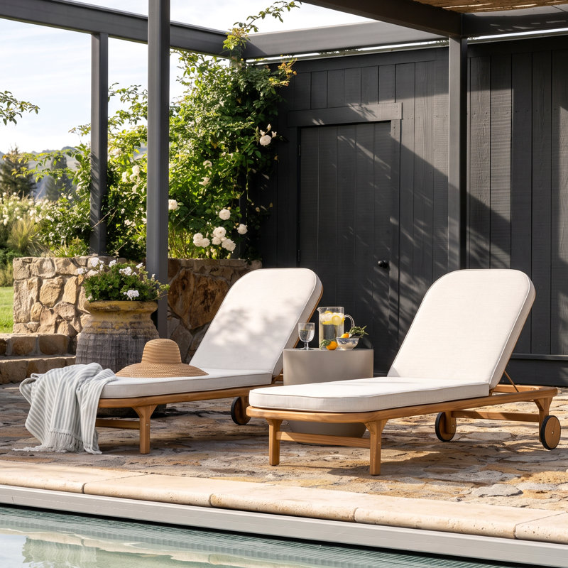Cressida Vintage Coastal Resort Outdoor Acacia Wood Chaise Lounge with Cushion, Adjustable Backrest & Wheels, 2