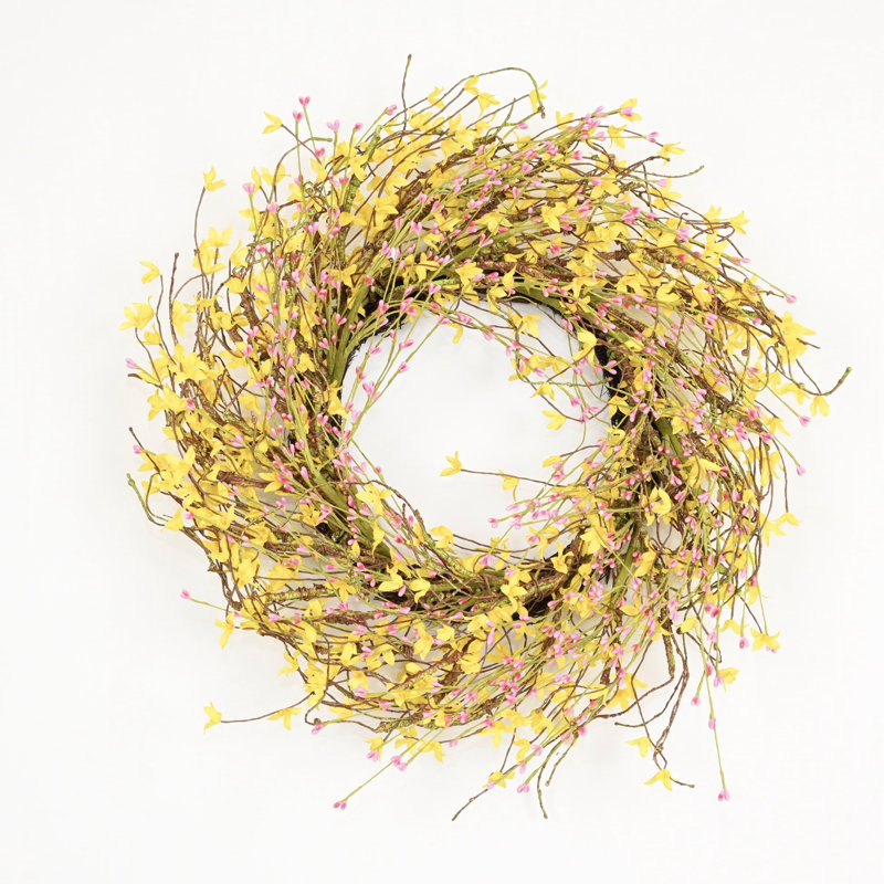 Couronne de fleurs artificielle 24 po avec fleurs de printemps, Jaune / Rose