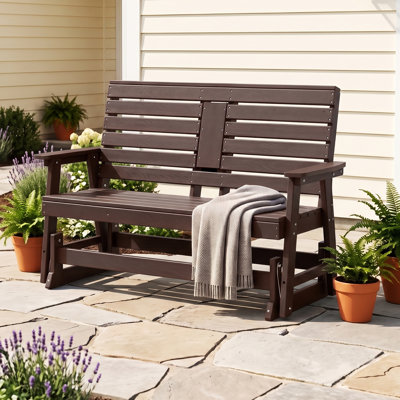 HDPE 2-Person Outdoor Patio Glider Bench with Foldable Center Cup Holder, Weather-Resistant Patio Loveseat Glider, Outdoor Rocking Bench Chair with a 660LBS Capacity for Porches, Gardens, and Decks