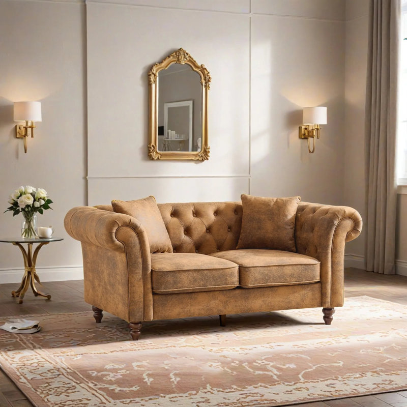 Chesterfield Sofa, Faux Leather Couch Upholstered Sofa With Low Back, Rolled Arm Nailhead Trim, Upholstered Mid Century Modern Couch For Living Room, Office, Apartment