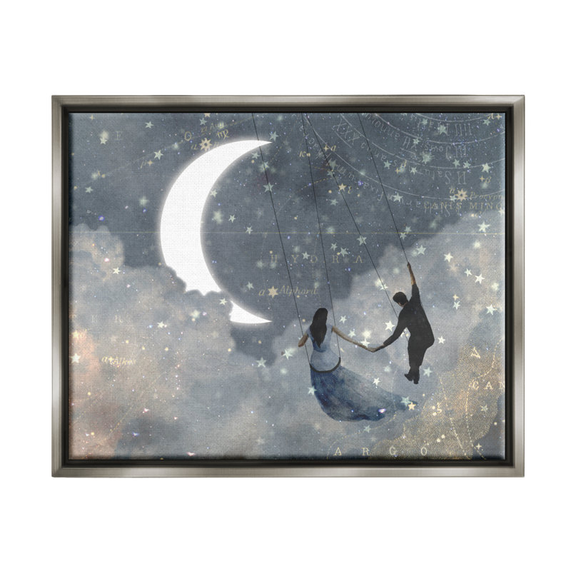 Toile grise et bleue, "Love Sky Swinging" par le croissant de lune et les étoiles, art mural par Victoria Borges