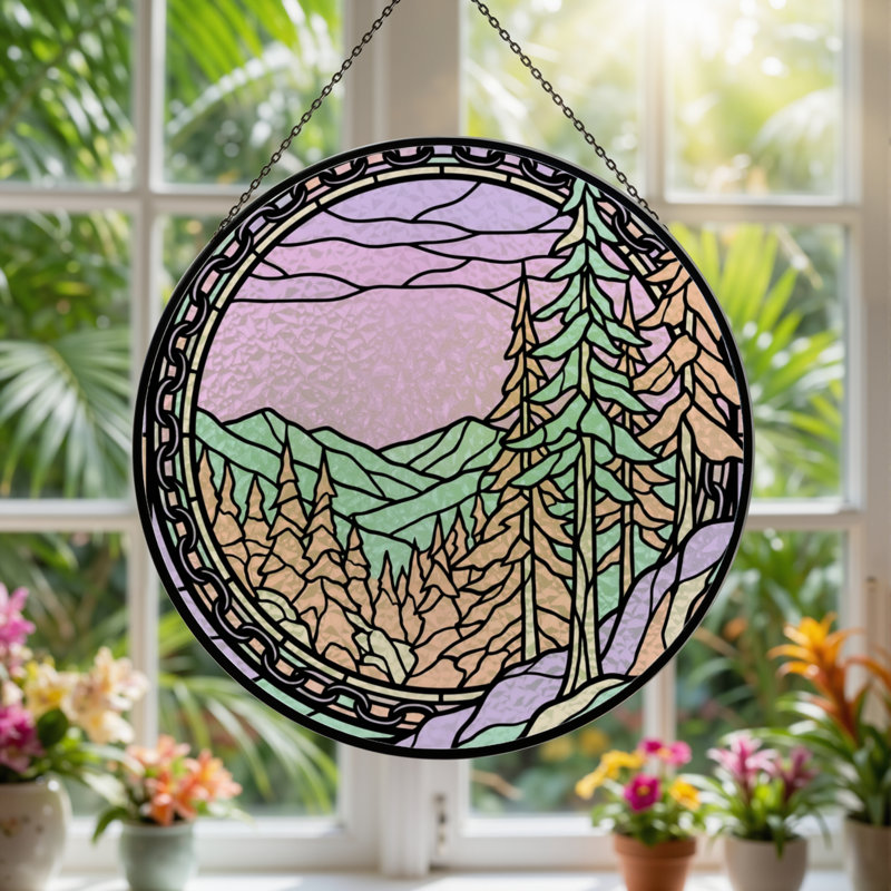 Panneau de vitrail 12 po H Mountain Forest, 12" H x 12" W