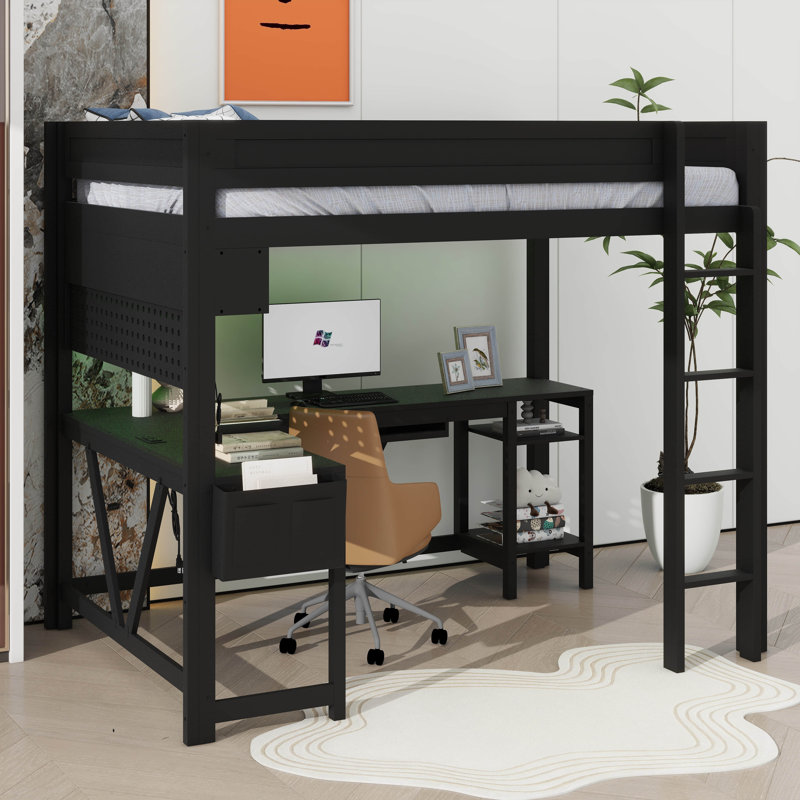 Lit mezzanine double en bois avec bureau intégré, éclairage à DEL, prises de recharge USB et compartiment de rangement