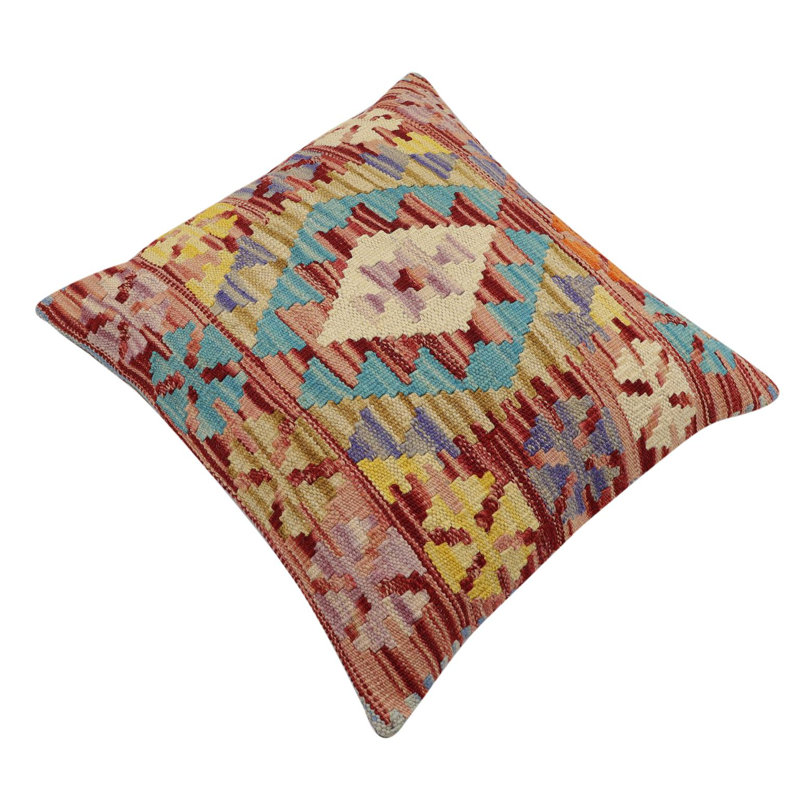Oreiller rustique en kilim tissé à la main Caballer - 17 po x 18 po Rustic, H 17 po x l 18 po, Rouge / bleu / rouille / beige