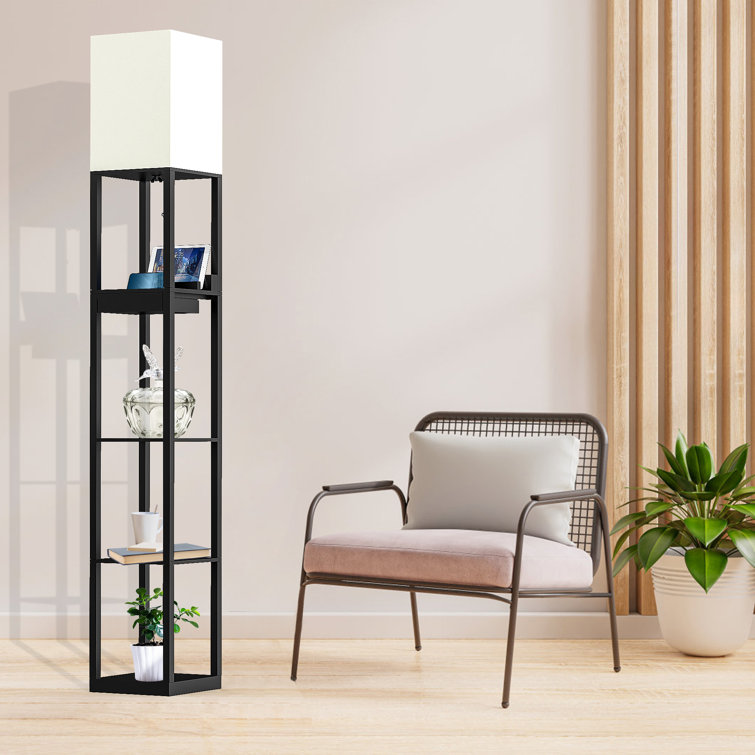 67" Column Floor Lamp with Shelves, Solid Wood, USB & Type-C Ports, Storage Drawer and Bulb Included