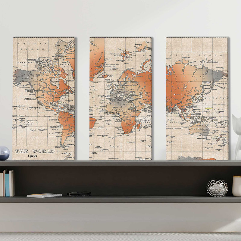 «Carte du monde», reproduction sur toile 3 pièces, H 32 po x l 48 po x P 1 po