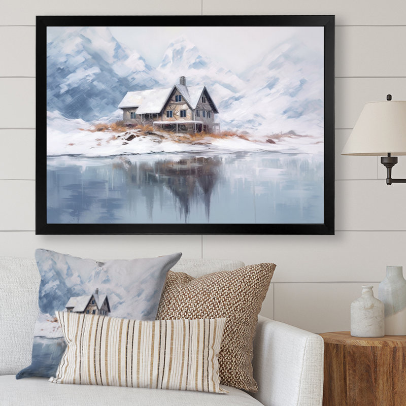 «White and beige Cozy Snow Cabin», reproduction sur toile, Cadre simple noir, H 16 po x l 32 po x P 1 po