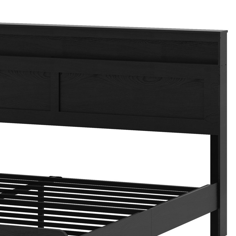 Structure de lit plateforme en bois avec tête de lit à DEL avec rangement et 2 USB, grand rangement sous le lit, Noir foncé