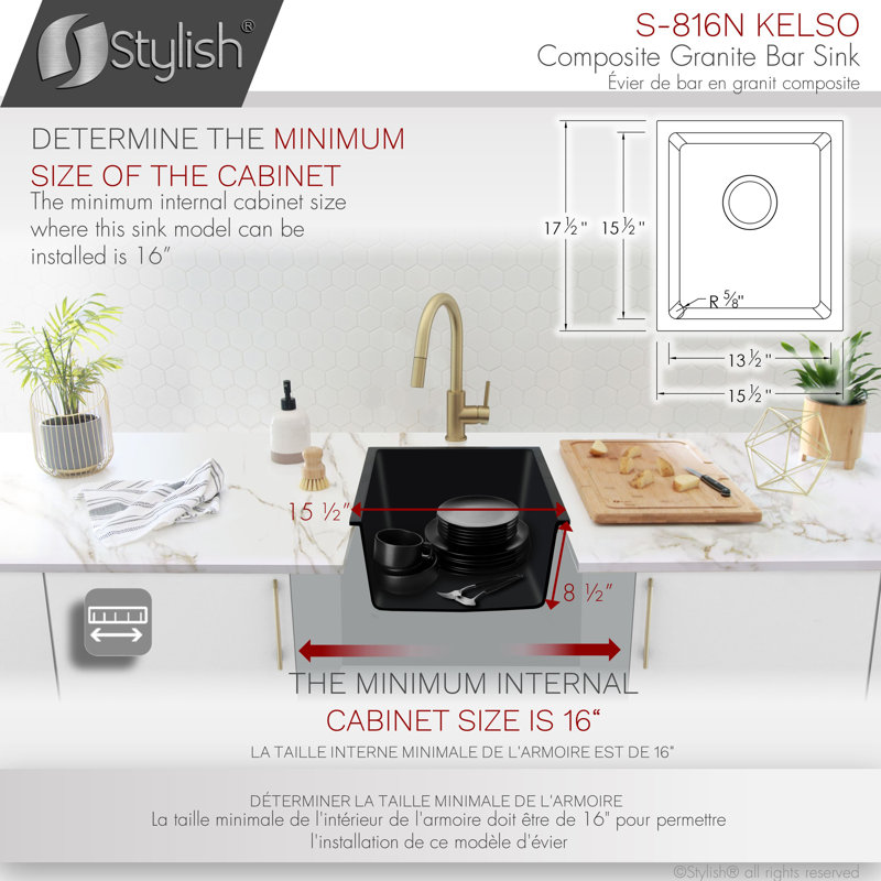 STYLISH 16 inch Dual Mount Single Bowl Composite Granite Kitchen Sink with Strainer, Black