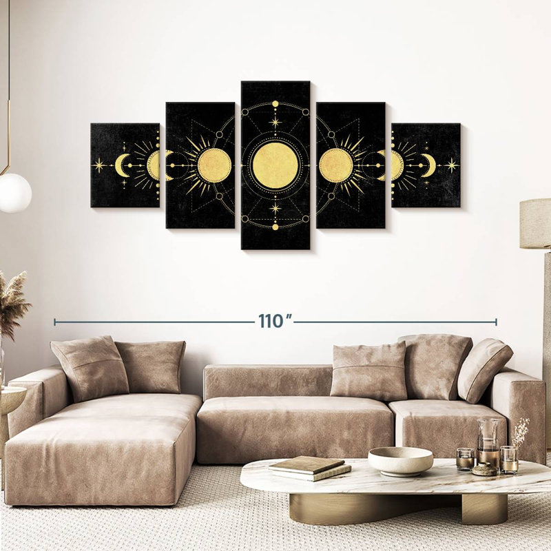 " Gold Moon Phases Multi Piece Canvas Print " 5 - Pieces, 42" H x 92" W x 1.25" D