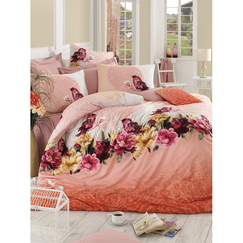 Hamburg Floral Duvet Cover Set with Pillowcases, 200 x 220cm Duvet Cover + 2 Pillowcases, Red/Beige