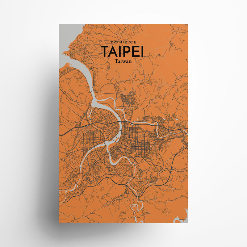 Taipei City Map In Orange - No Frame Print, 17cm H x 11cm W x 0.05cm D