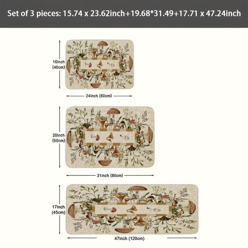 Tapis de cuisine rétro 3 pièces à motif champignon beige, brun