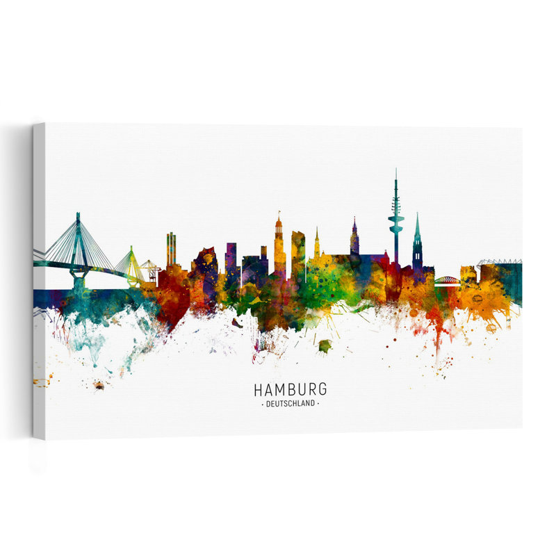 Affiche murale abstraite contemporaine représentant la silhouette vibrante de Hambourg, 24" H x 36" W