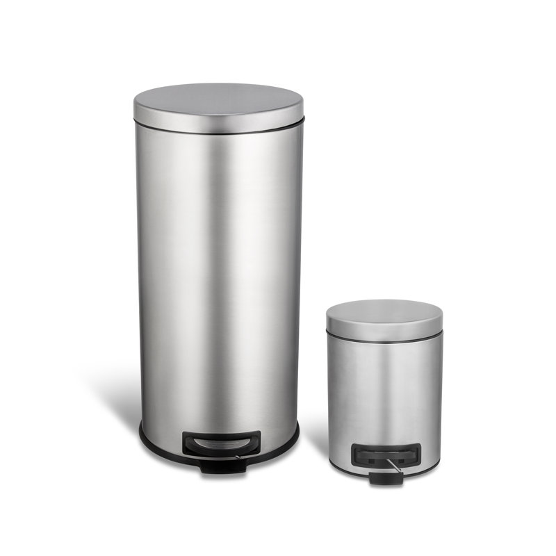 Silver Stainless Steel Round Pedal Trash Can Set
