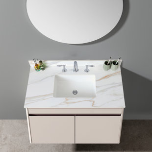 Comptoir de meuble-lavabo en marbre 43 po, comptoir de salle de bain avec lavabo central encastré rectangulaire et dosseret de 4 po de hauteur, comptoir pré-percé, blanc de Carrare avec veines