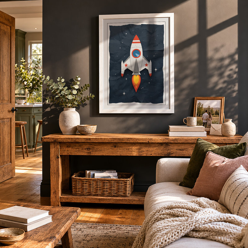 Rocket to the Stars Retro - Framed Print, A3 - 42.0 x 29.7 cm, White