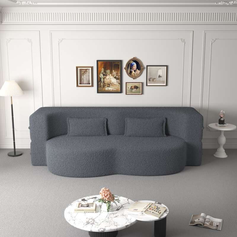 Evren Boneless Modern Minimalist Compression Convertible Floor Sofa Bed with Pillows, Teddy Gray, 30" H x 78" W x 39.8" D