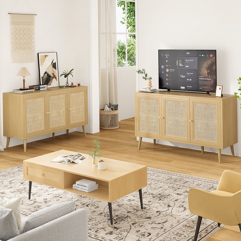 Buffet buffet avec 3 portes en rotin, console de rangement pour l'intérieur, Naturel