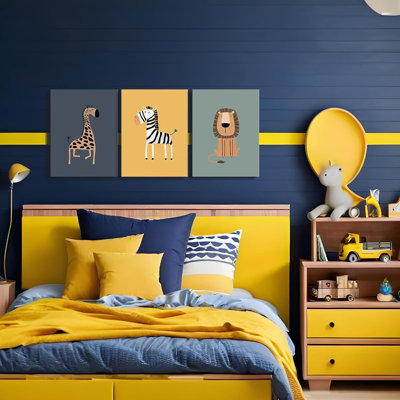 Chambre d'enfant 3 pièces encadré girafe lion zèbre faune jungle œuvre d'art murale impression sur toile affiche murale mignonne caricature galerie bébé chambre à coucher salle de jeux chambre de bébé décor 12 x 16 pouces prêt à accrocher