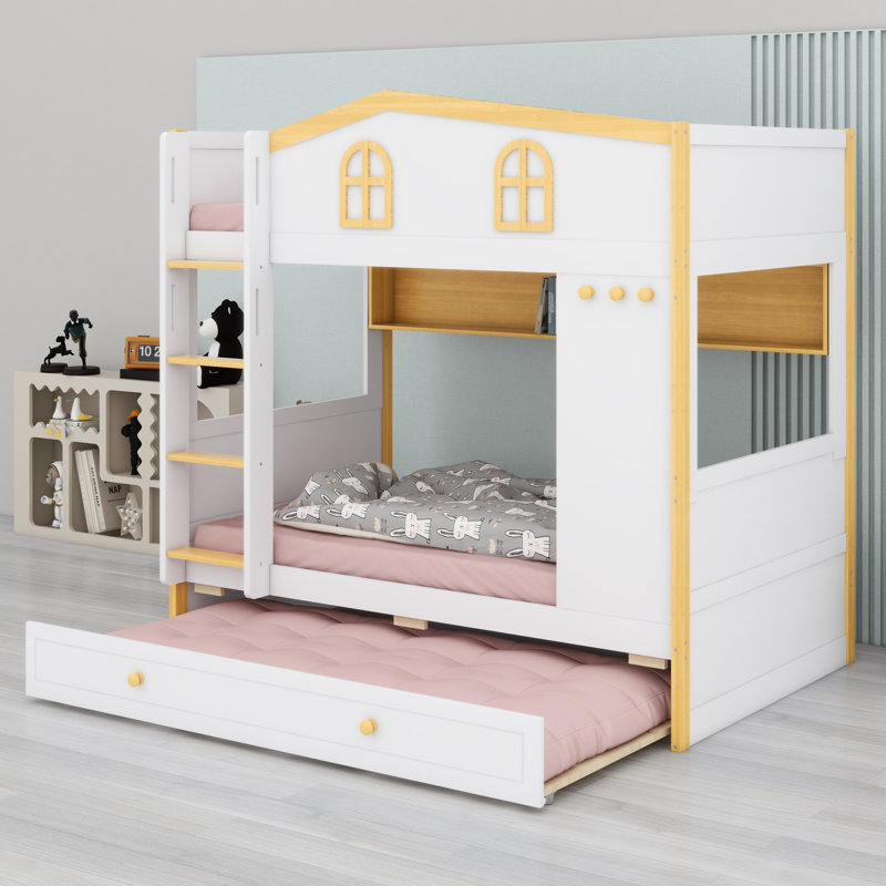 Wood Bunk Bed with House-Shaped Guardrails, Built-in Storage Shelves & Pull-Out Trundle, Twin over Twin