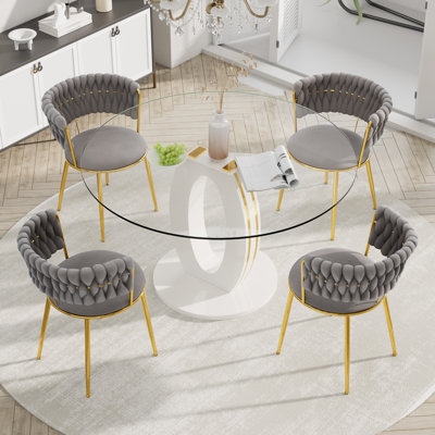 Round Pedestal Dining Set with Weaven Velvet Dininig Chair