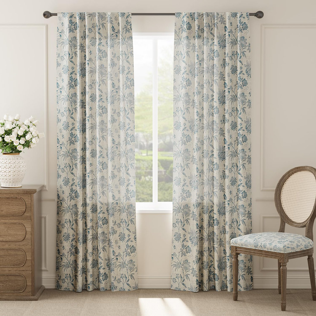 Linen Blend Floral Rod Pocket Curtains (Set of 2) Winston Porter Curtain 