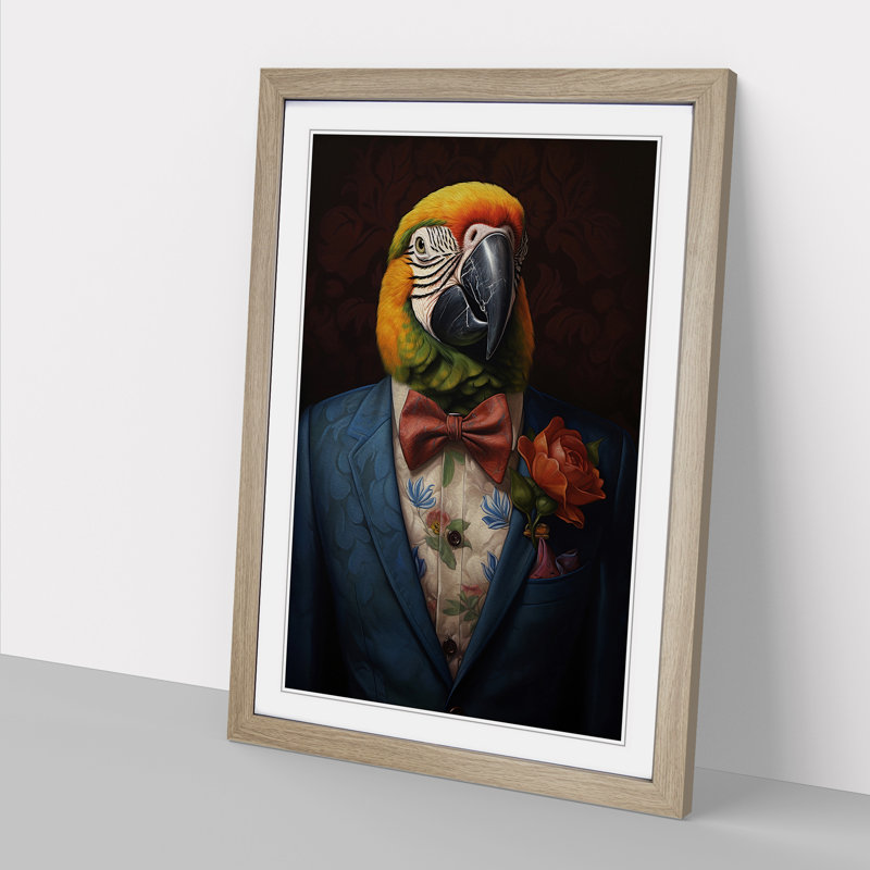 Parrot In A Suit Painting No.2 - Single Picture Frame Print on Wood, 64cm H x 46cm W x 2cm D, Oak Framed