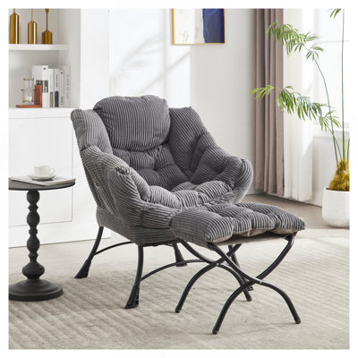 Lazy Chair With Ottoman, Modern Lounge Accent Chair With Armrests And A Side Pocket, Leisure Upholstered Sofa Chair Reading Chair With Footrest For Small Space, Corner Chair-Grey